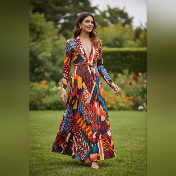 FARM Rio Dresses & Skirts - Farm Rio Red Abstract Patchwork Maxi Dress Long Sleeve Wrap Style Size Large